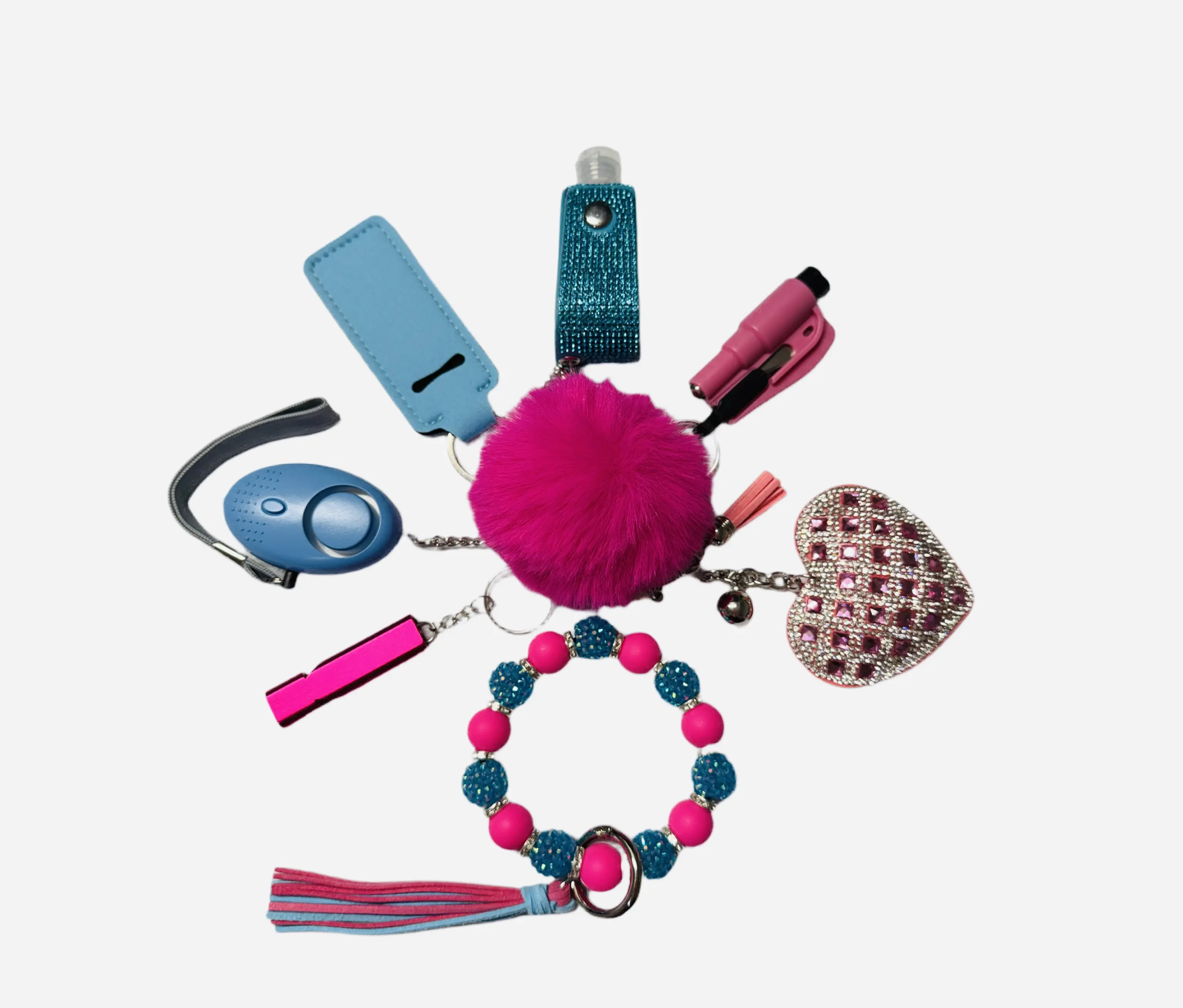 Teal and Pink Safety and Accessory Keychain Set with Silicone Beads