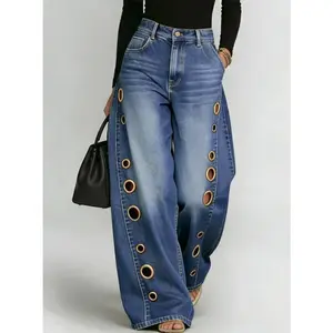 High Waisted Loose Buttoned Geometric Hollow Pockets Split-Joint womens Jean Pants Bottoms