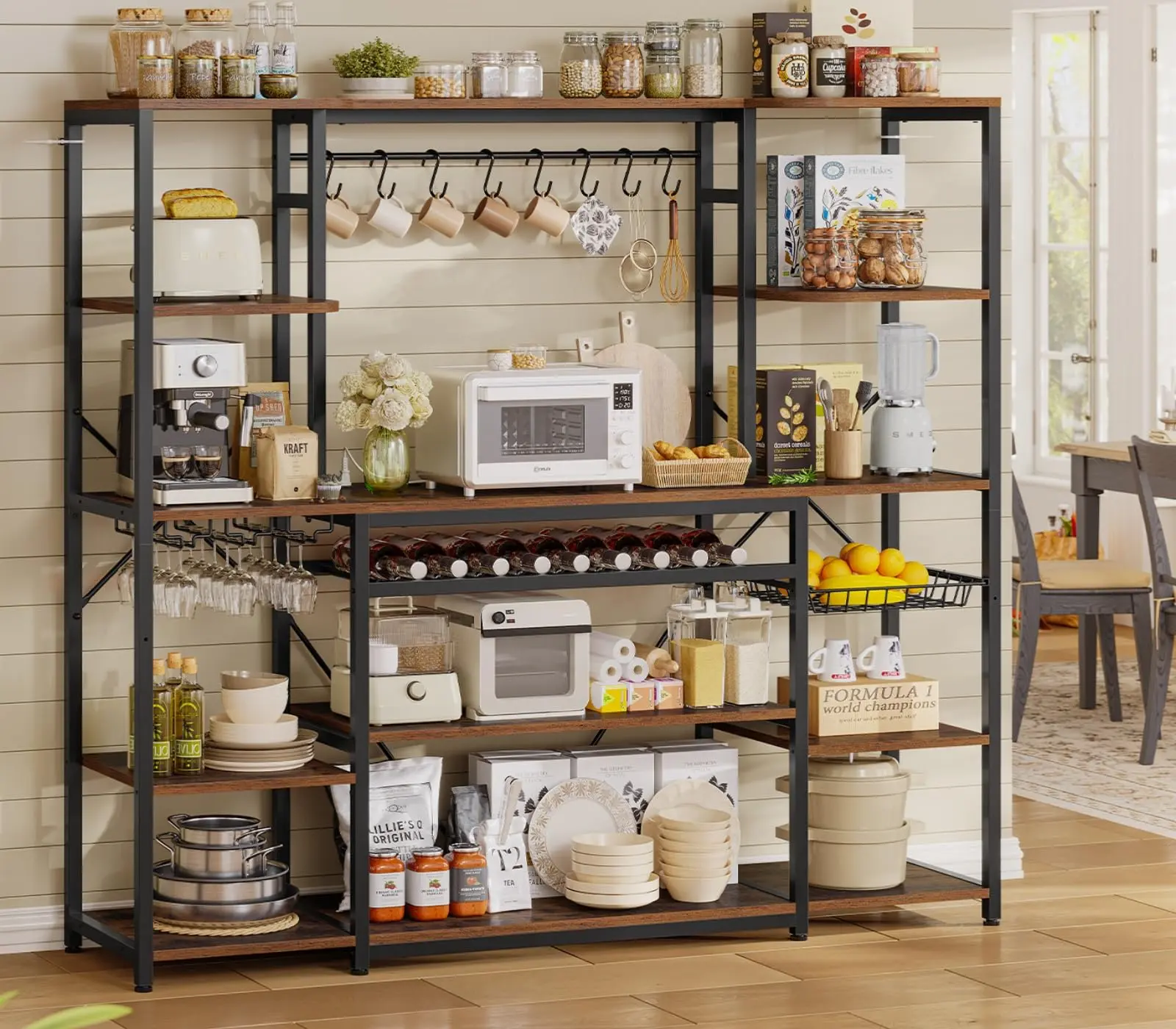 Brown 62.4" Large Bakers Rack (100 cm and above) - Stable Kitchen Microwave Stand with Power Outlet, Coffee Bar Cabinet, Wine Rack, Goblet Holder, 8 Hooks, Wire Basket, Storage Shelves (12 in & above), Anti-Dumping Device, Assembly Required