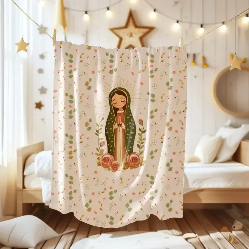 Anima Virgin Mary Our Lady of Guadalupe Cute Fleece Blanket - Cozy Throw, Soft Fluffy Kids Item, Catholic Baptism Gift, Nursery Decor, Catholic Women's Gift Idea, Cozy Throw Blanket, Soft Fluffy Blanket