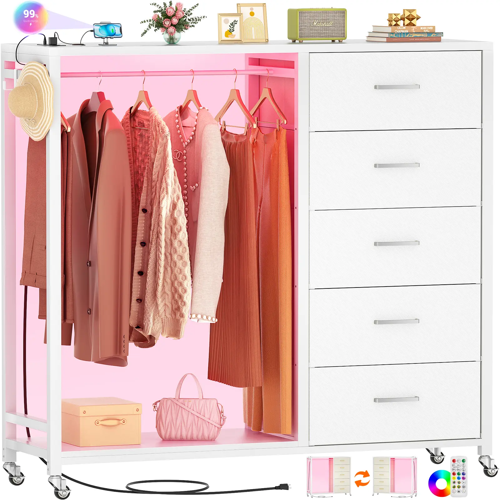 iSunirm Sturdy 5-Fabric-Drawer Closet Dresser - Wooden Top, Clothes Rack, Charging Station, LED Lights, Chest of Drawers, Stable Modern Apartment Furniture for Closet Organization & Bedroom Decor, Drawers And Cabinets