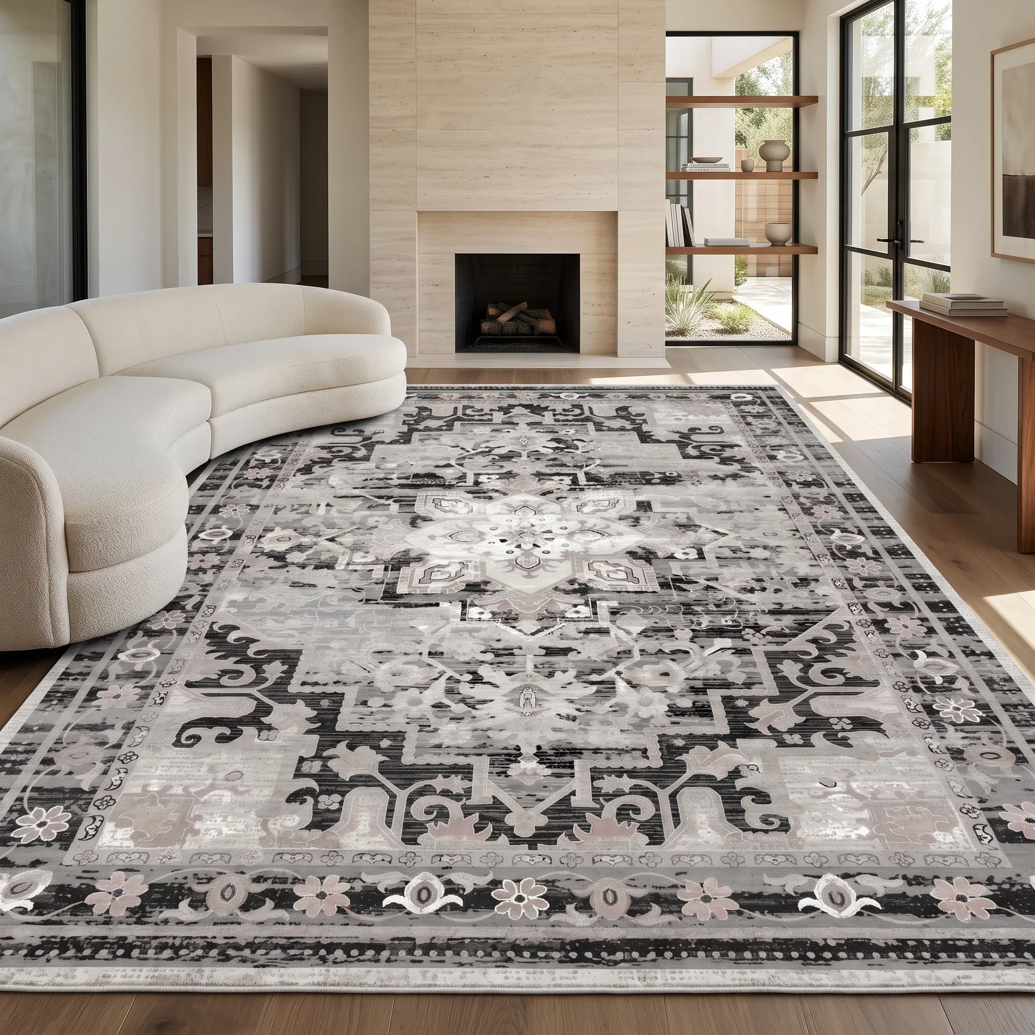 RUGIXE Faux Cashmere Washable Gray Black Vintage Area Rug 5x7 8x10, Heavyweight Soft Low Pile Rug with TPR Non Slip Backing, Foldable Durable Persian Oriental Carpet for Living Room Bedroom Office Dining Room