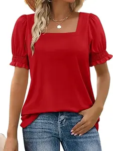 2026 Women Summer Casual Striped Ruffle Trim Short Sleeve Square Neck T Shirts