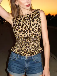 American Vintage Leopard Print Shirred Waist Sleeveless Top, Lace Up Design, Slim-Fitting Crop Tank, Casual Date Night Wear