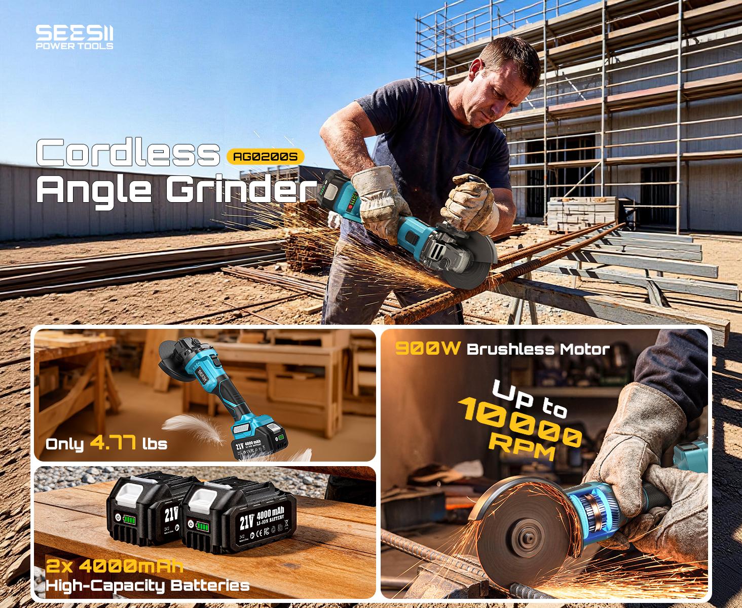 SEESII Cordless Angle Grinder Kit with 2x4.0Ah Batteries, 10000RPM Brushless Electric Metal Grinder w/ 4-1/2" Cutting Wheel, Flap Wheel, and Wool Carving Wheel for Precision Cutting & Grinding#fathersdaygift fathersdaygift