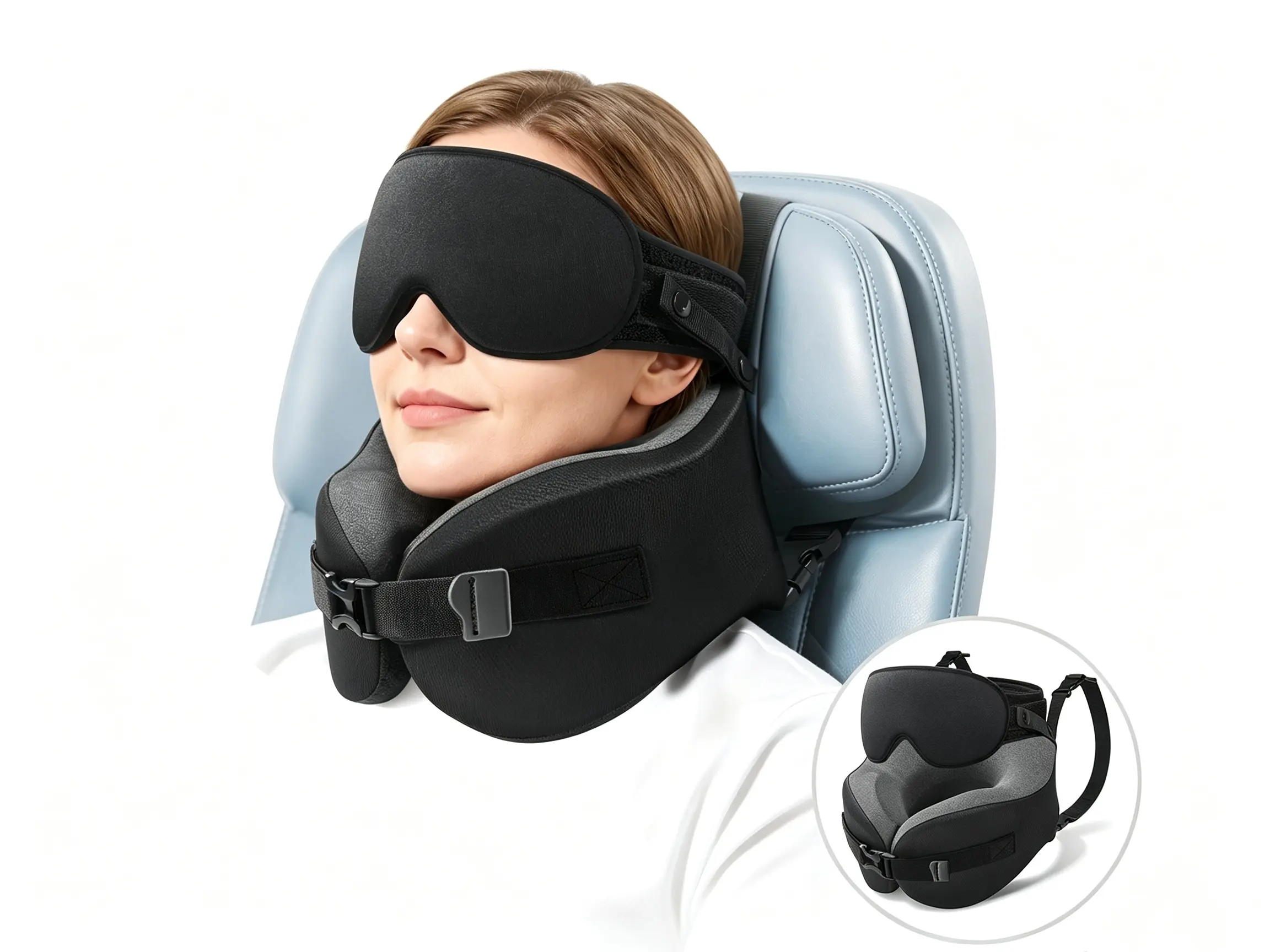 YFONG Travel Pillow with Head Support & Sleep Eye Mask for Long Flights, Christmas Gift, Travel Lover Gift, Birthday Gift for Her