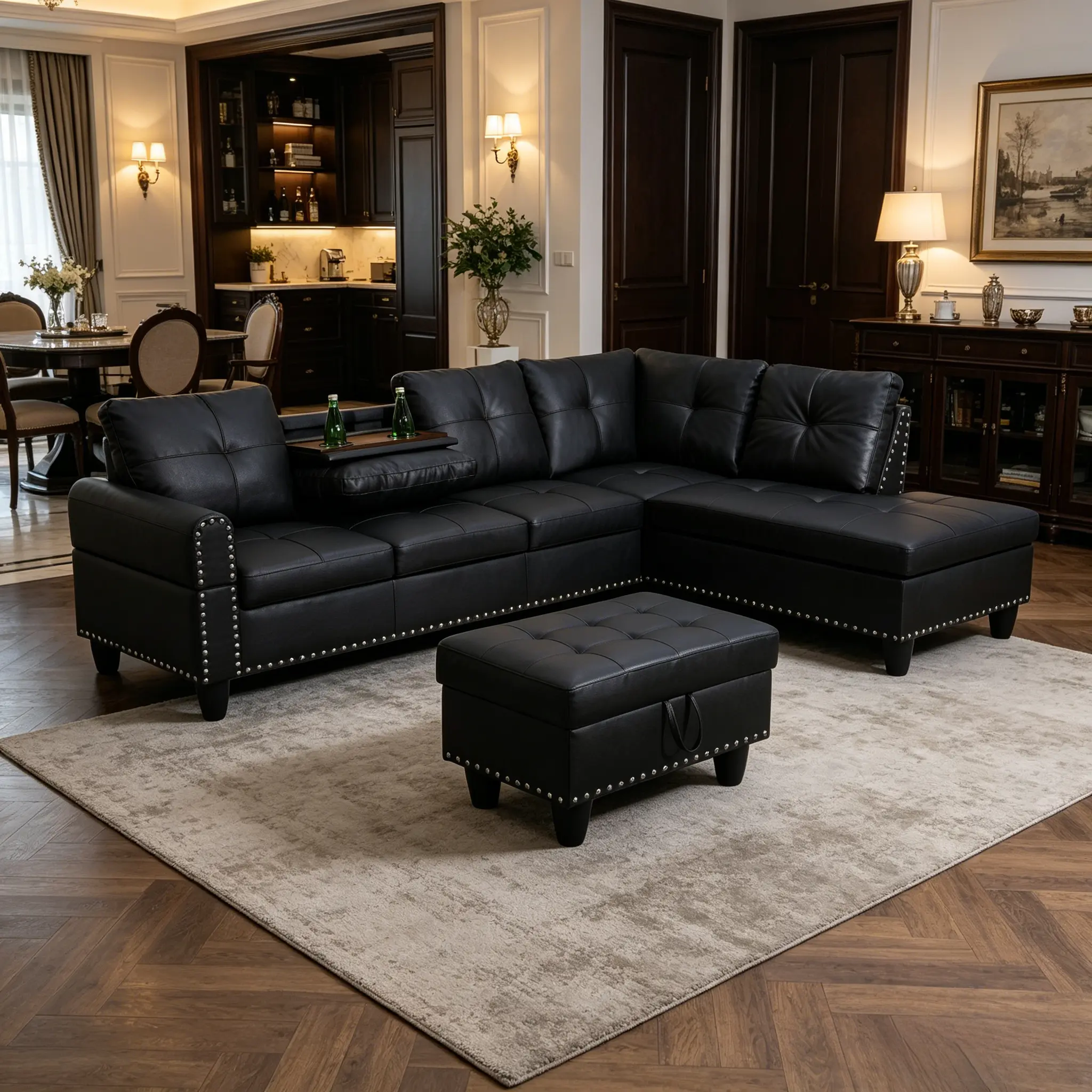 Classic Luxury 3-Piece Black Faux Leather Sofa Set - Sofas Living Room, Living Room Couches, Comfy Couch, Scratch-Proof Synthetic Leather, Neat Fine Stitching, Anti-Fade, Low-Upkeep, Durable Indoor Sofa Furniture, Assembly Required
