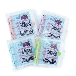 Mini PVC Pastels Cash Budget Binder, Transparent Clear Cover Reusable $1000 Goal Cash Tracking Organizer with Pockets, Finances Tracker for Savings, May Calendar Accessory