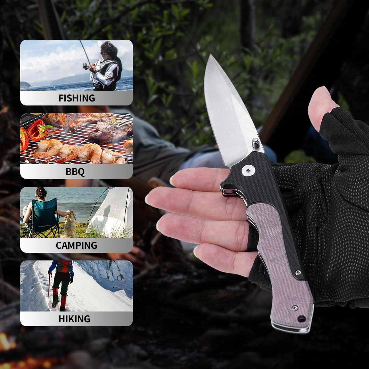 Portable EDC multifunctional tactical outdoor folding knife with a non-slip linen ergonomic handle; convenient pocket/belt clip for easy carry; outdoor cutting tool designed specifically for climbing and fishing; an essential item for camping and hiking.