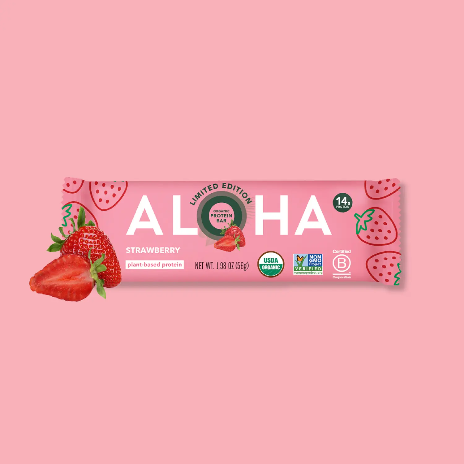 ALOHA Strawberry Protein Bar | 12 Bars | 14g Plant Protein, 4g Sugar | Certified USDA Organic, Vegan, Gluten-Free | Real Strawberries