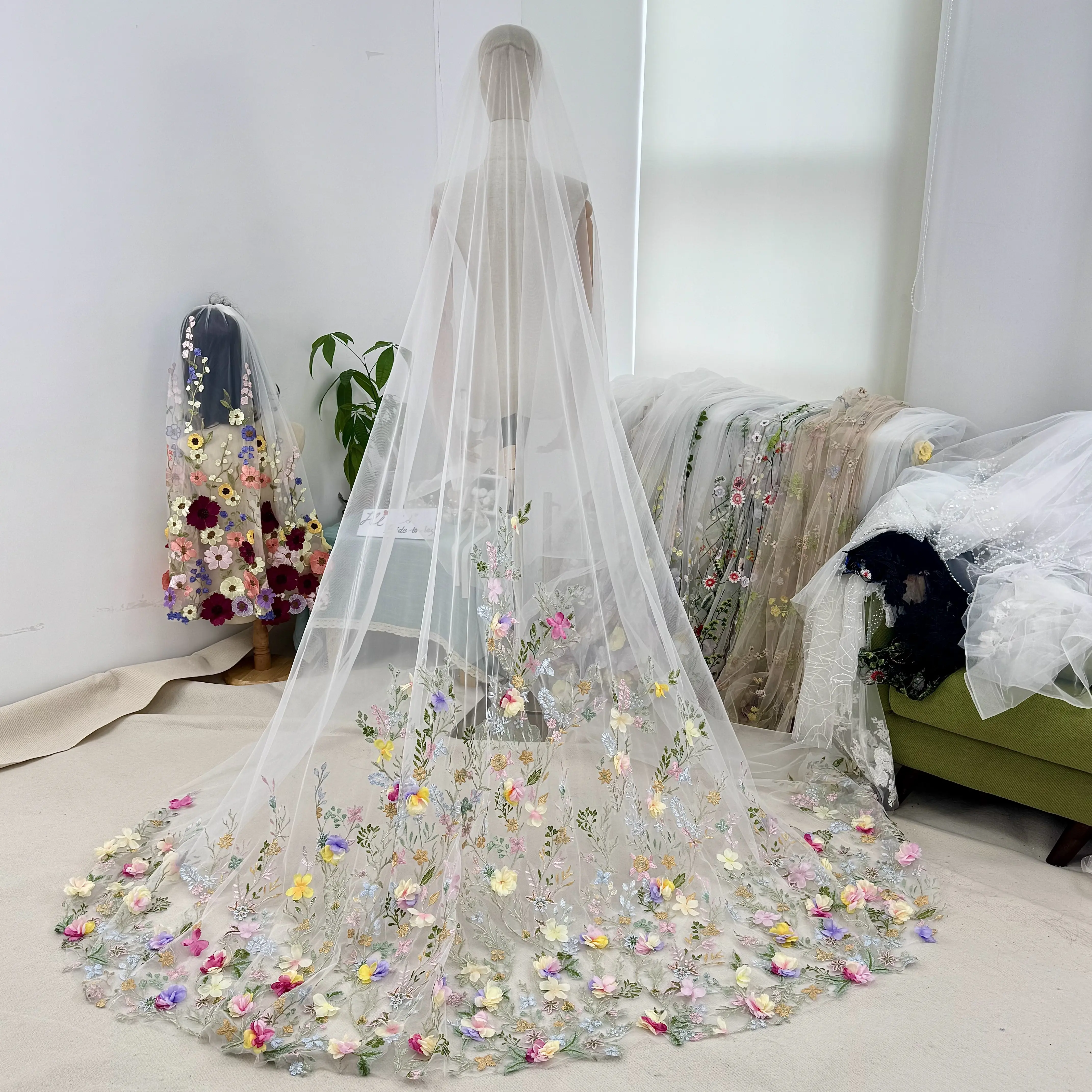 Colorful flowery handcrafted bridal veil, whimsical botanical wedding veil,artisan spring forest veil,fairy floral veil
