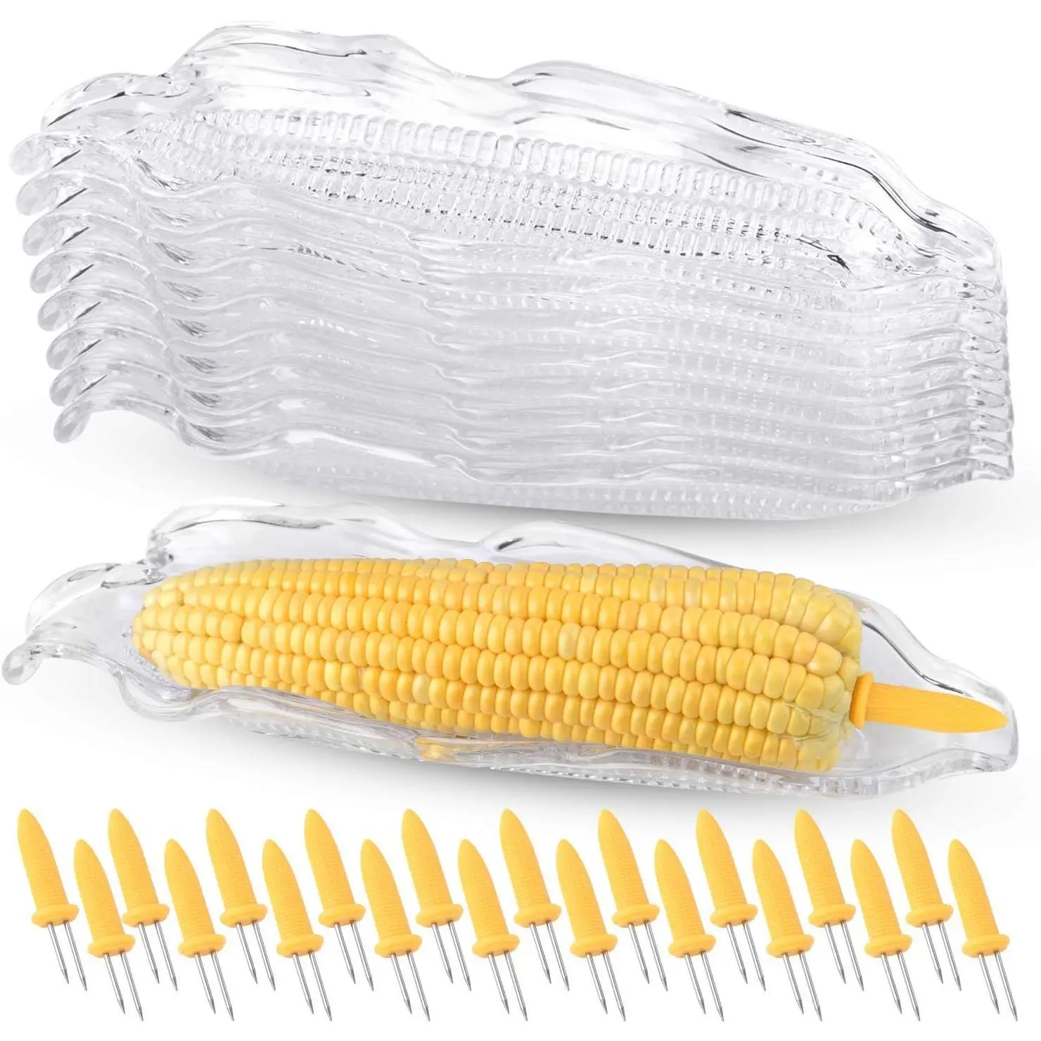 9 Pcs Corn Trays with 20 Pcs Corn Holders on the Cob Skewers Transparent Plastic Corn Dishes Corn Holders Cob Dinnerware for Sweet Butter Corn Kitchen StainlessValentine's Day, gift