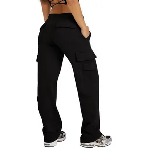 Women's jogging pants, casual loose high waisted sports pants, straight leg sports pants with pockets, black women's underwear, trumpet shaped basic style