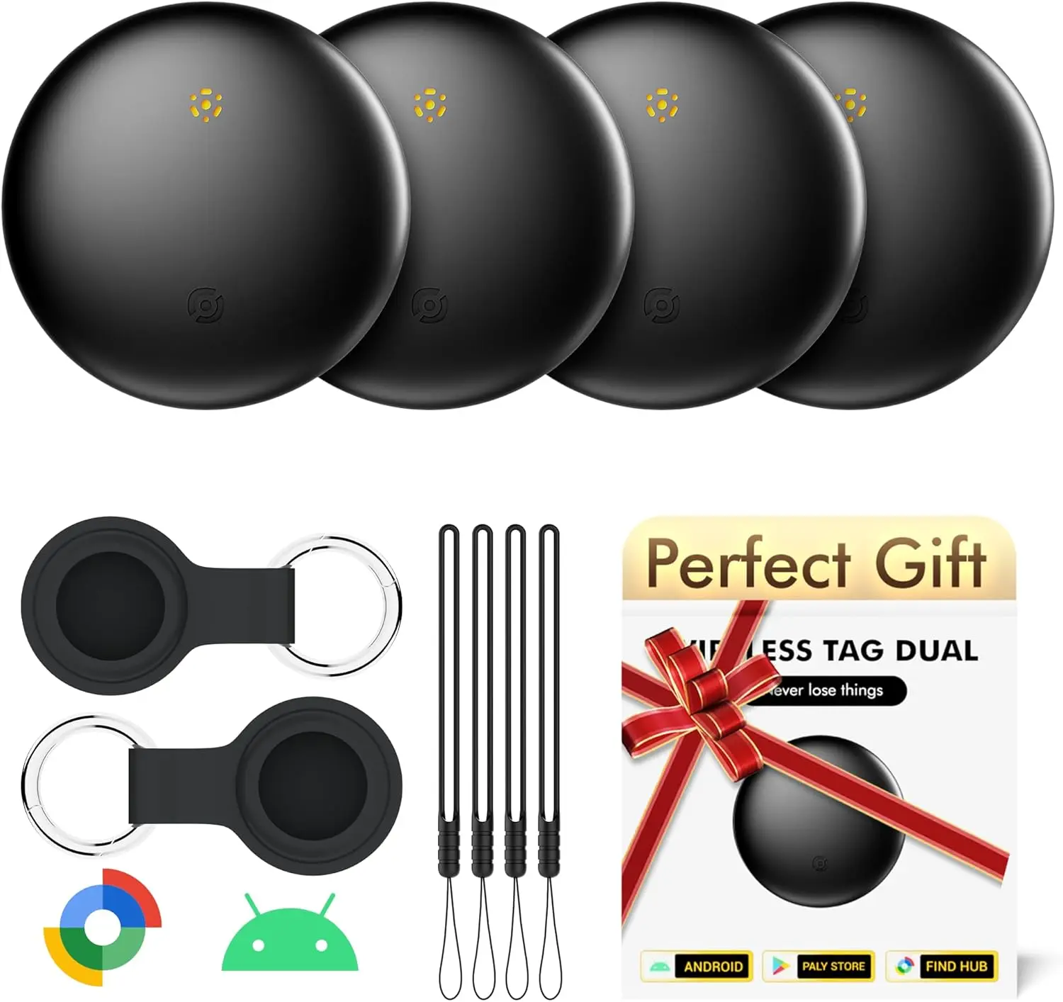 Bluetooth Tracker 4-Pack for Android & Samsung with Case, Smart Tag Item Finder for Keys Wallet Luggage, IP66 Waterproof, 365-Day Battery, Works with Google Find Hub (Black)
