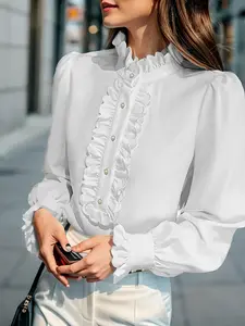 Women's Plain Frill Trim Ruffle Blouse, Elegant Bishop Sleeve Button Down Front Top for Work Office Business, National Day Clothing, Ladies Clothes for All Seasons, Chic Fitted Formal Long Sleeve Womenswear Shirts