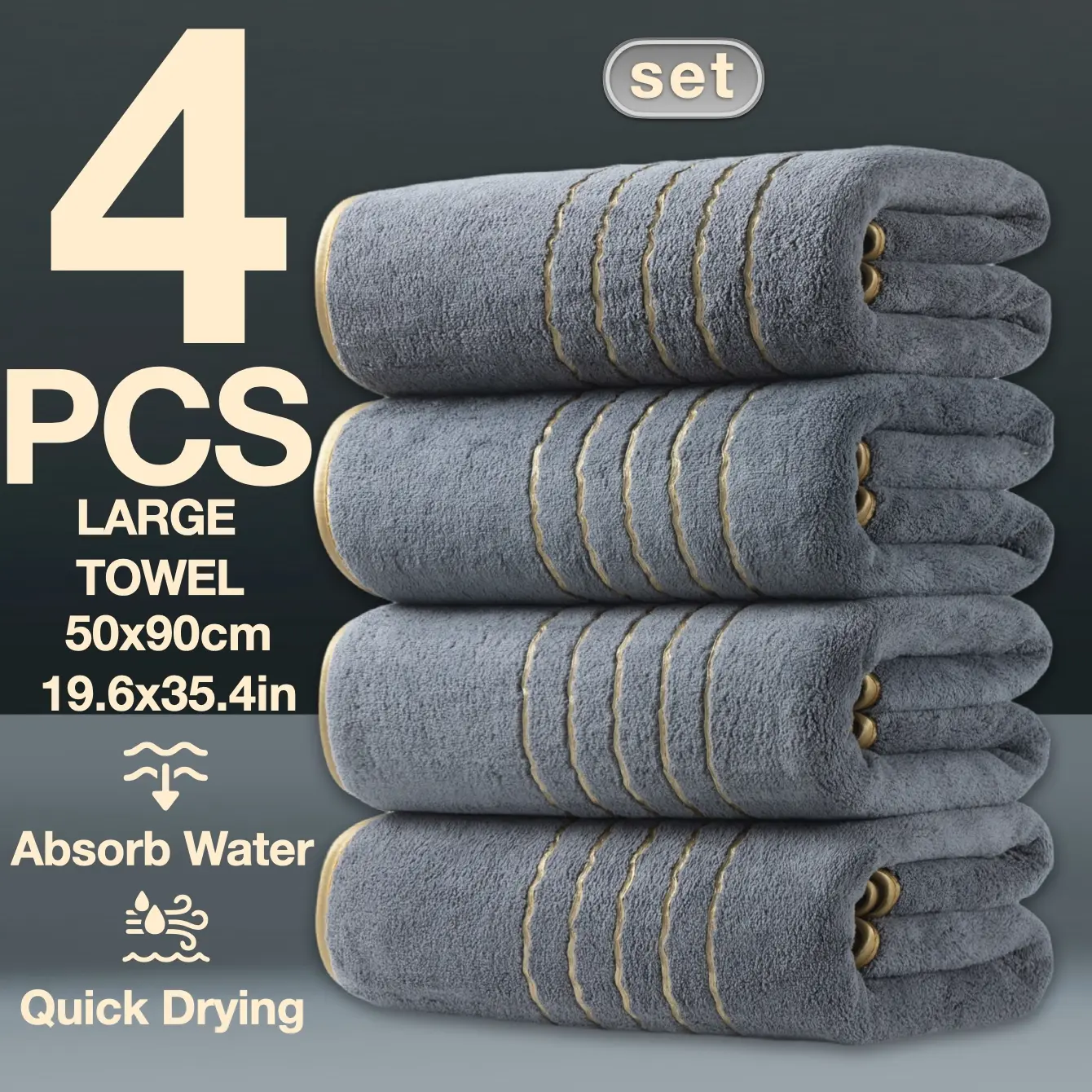 4-Piece Gold Thread Decorative Large Quick Drying Towels 50x90cm, Modern Simple Bathroom Set, Quick-Dry Absorbent Microfiber, Suitable for Home Camping Hotel School Community Factory