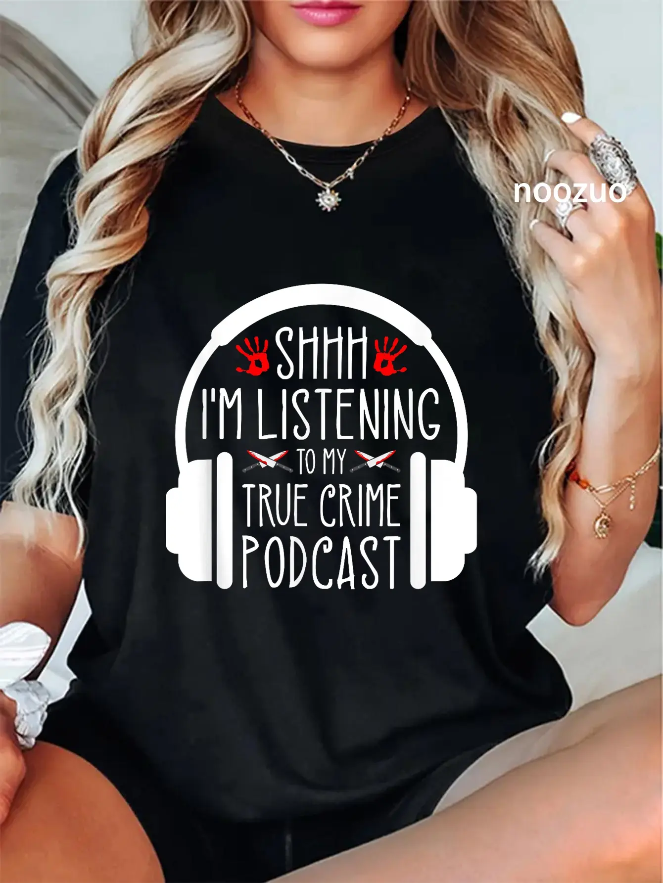 Women's Casual Round Neck 100% Cotton Short Sleeve T-Shirt, Lady's Funny 'Shh I'm Listening to True Crime Podcast' Print Streetwear Murderino Top