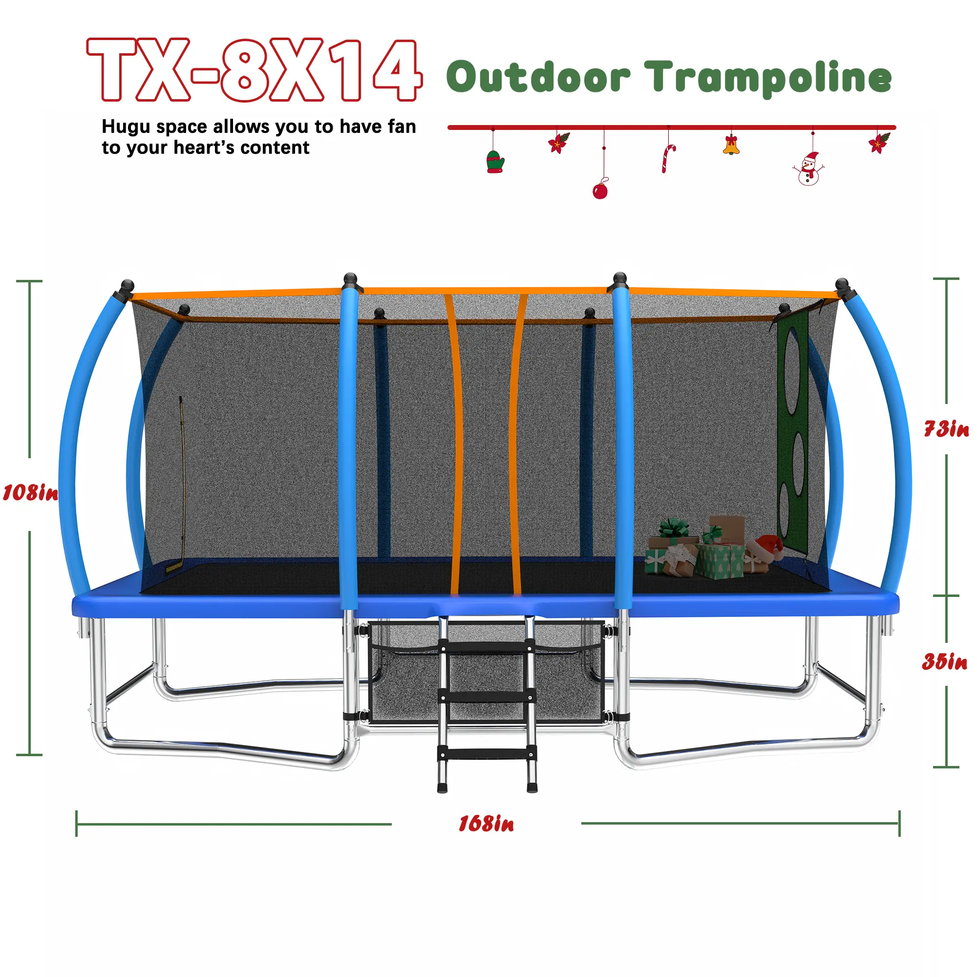MERSCOSPORTS 8x14ft Rectangle Exercise Trampoline for Kids Outdoor Play, 360° Safety Enclosure Net, Sturdy Construction, 98 Springs, 1760Lbs Load Capacity, Easy Assembly, W/ Additional Accessories
