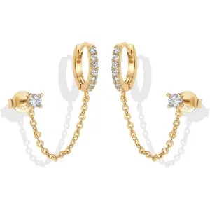 Women's chain earrings|   Double-hole pendant chain earrings|   Women's Cubic Zirconia Earrings and Ear Clips