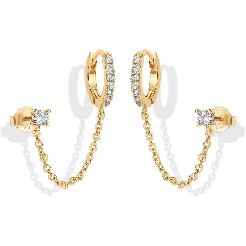 Gold Double Hole Earring Stack, Lightweight Chain Huggie and Cubic Zirconia Studs for Women, Hypoallergenic Jewelry Gift, Lightweight Earring, High Quality Earrings