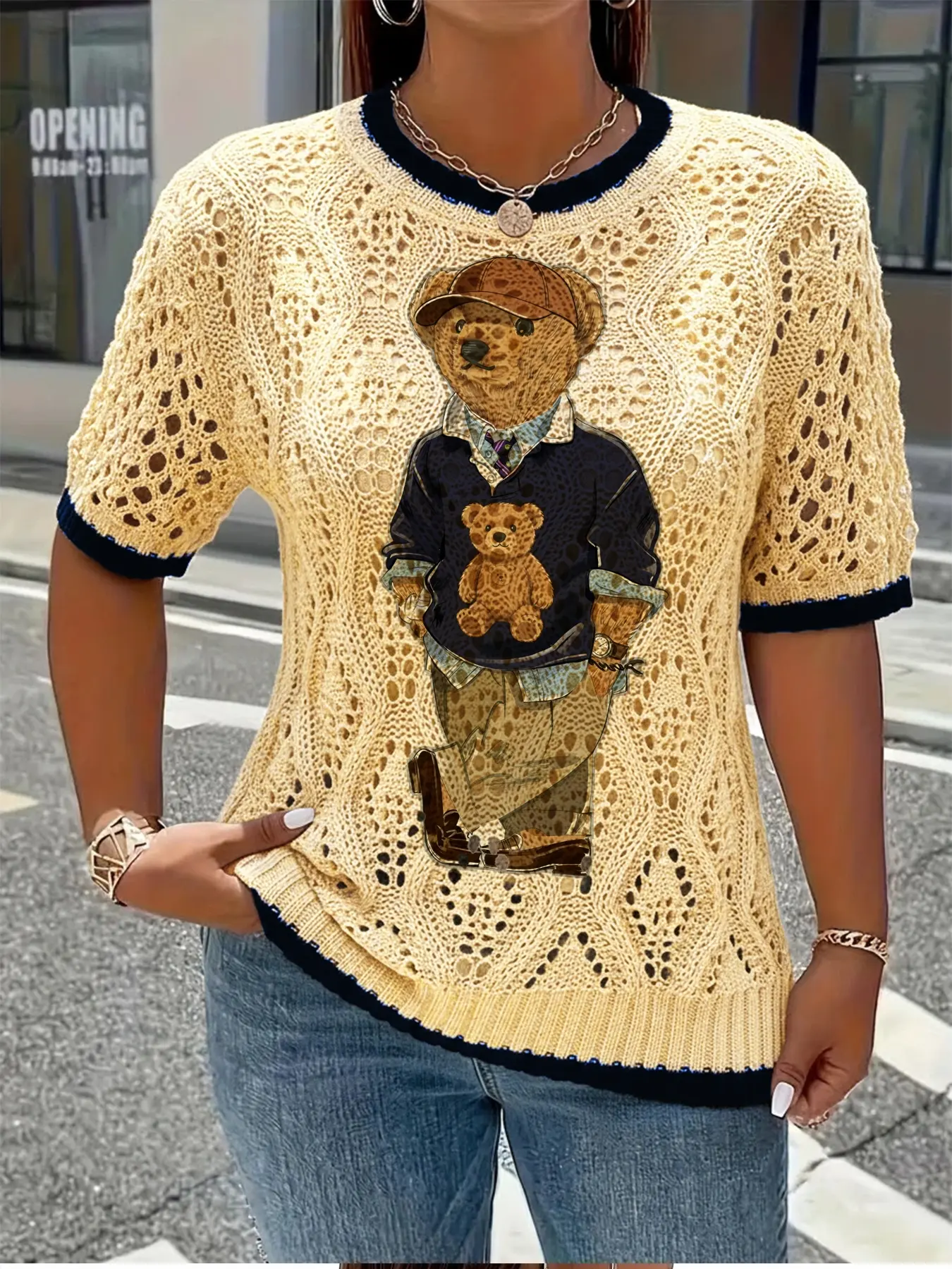 Spring Summer Women's Cute Teddy Bear Animal Print Round Neck Short Sleeve Knitwear Sweater Pullover, Casual Loose Jumper, Casual Comfy Top, Comfortable Breathable, All Seasons Wear Knitwear