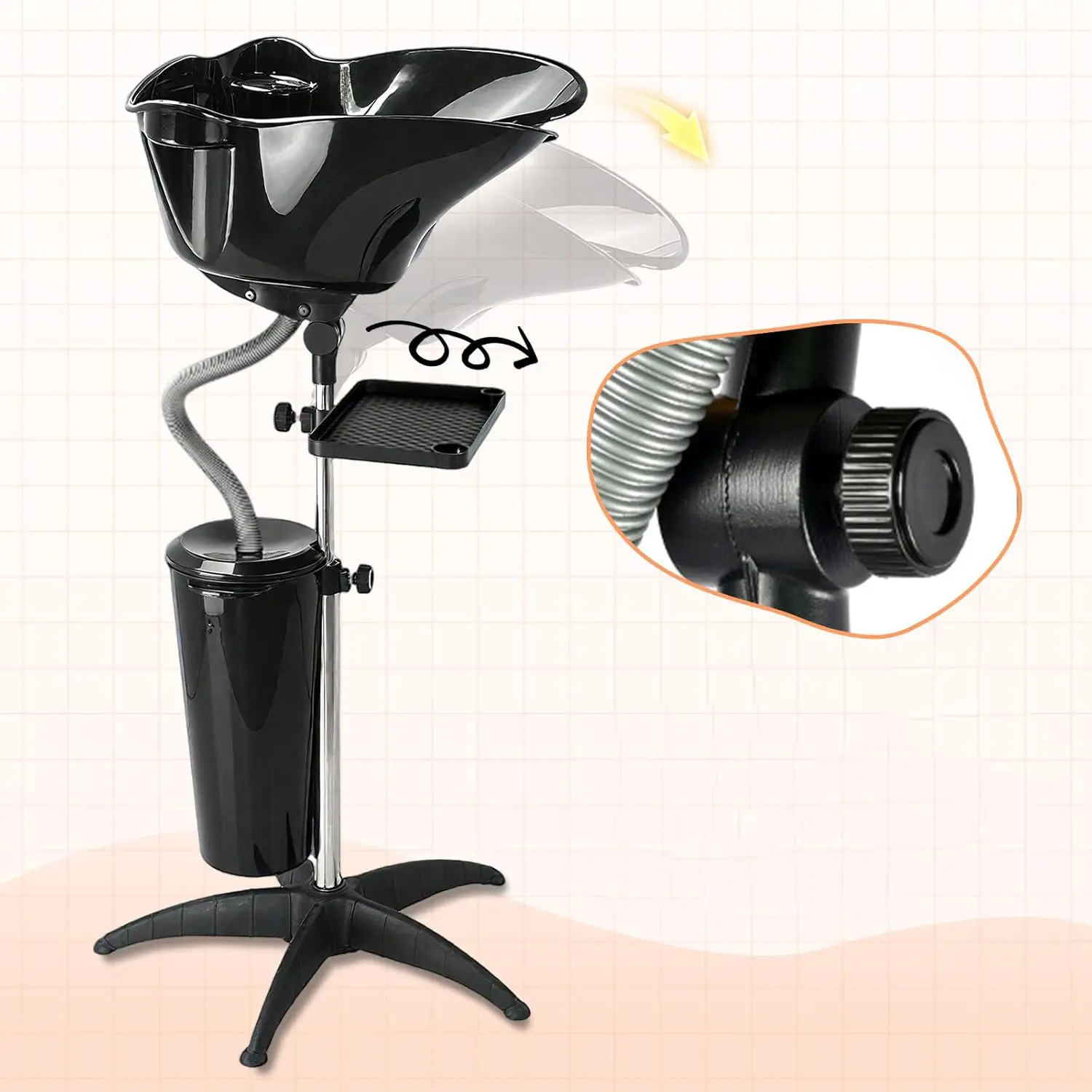 Portable Mobile Shampoo Bowl,Height-Adjustable Tear Free Hair Washing Sink,with Drain Pipe and Bucket,for Beauty Salon,Barber Shop,Home
