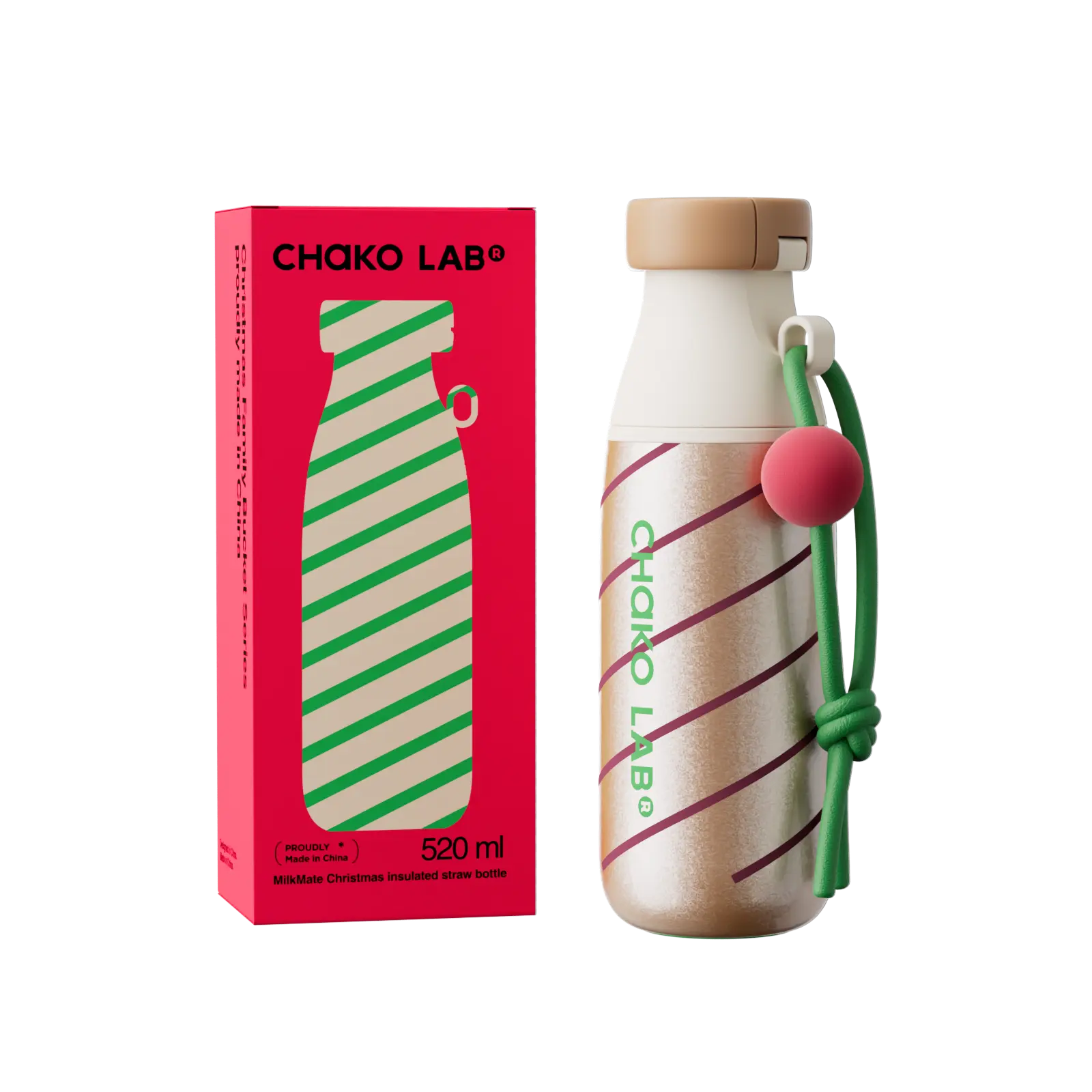 CHaKO LAB Christmas Insulated Stainless Steel Water Bottle with Two Strap | BPA-Free Leak Proof | 17oz Bottle with Spout Lid & Straw | pine cone tree