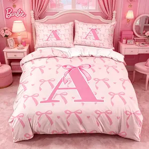 Personalized Initial Bow Duvet Cover Set, 1 Duvet Cover with 1/2 Pillowcases, Pink Bow Monogram Bedding (All Letters A-Z) for Bedroom, Dorm & Guest Room