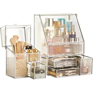 Stackable 3Pieces Drawer Set Glass Makeup Organizer Antique Countertop Vanity Cosmetic Storage Box Mirror Glass Beauty Display, Holder for Brushes Lipsticks Skincare Toner with free Pearl (Silver) Kitchen Metal Compartment Decor
