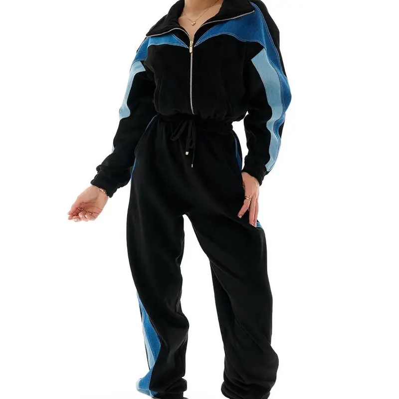 Black Velour Fleece Jumpsuit w/ Denim Details