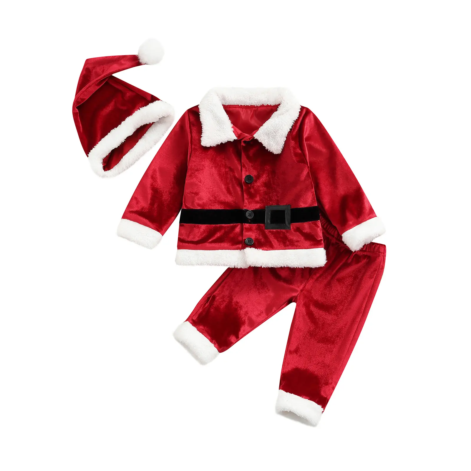 Meihuida Toddler Baby Boys Girls Santa Costume Velvet Long Sleeve Christmas Jacket + Long Pants +Xmas Hat 3pcs Sets