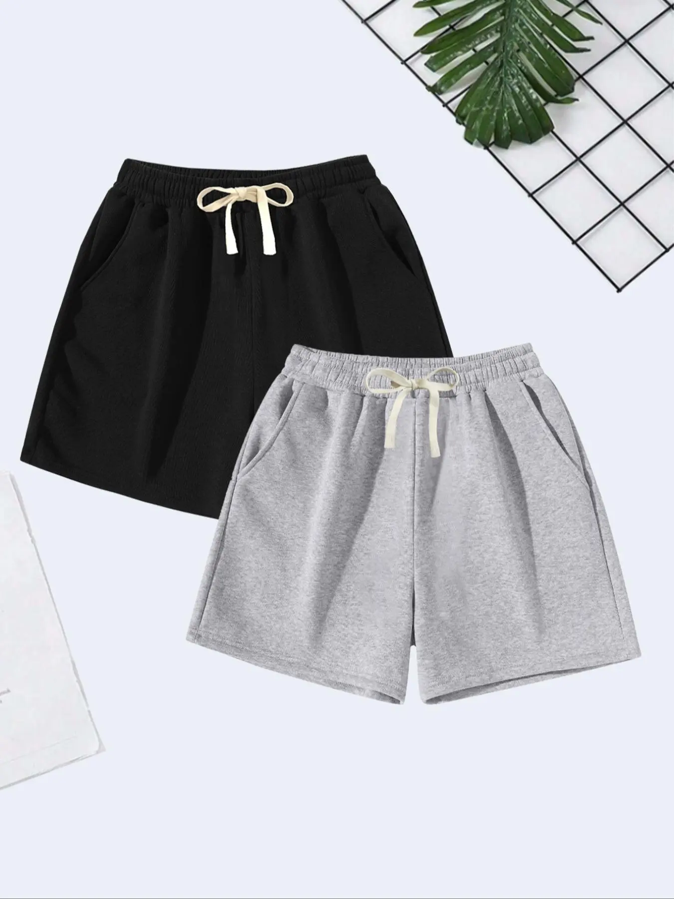 Men's Plain Fitted 4-Inch Fleece-Lined Soft Lightweight Shorts Nightwear (2-Pack) - Elastic Waist Drawstring Bottoms, Ideal for Summer Holidays & Everyday Wear