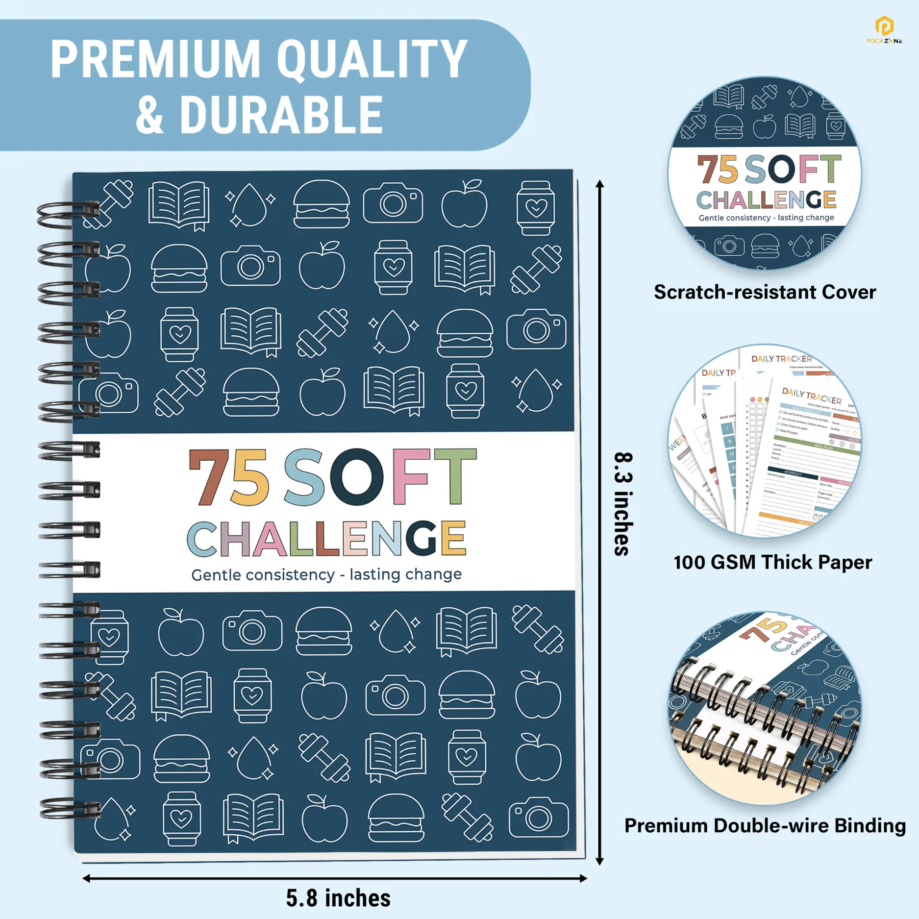 75 Soft Challenge Journal - A5 Spiral 75-Day Habit Tracker Planner, 108-Page Full-Color Daily Logs, Weekly Reviews, Meal Water Workout Reading Tracker