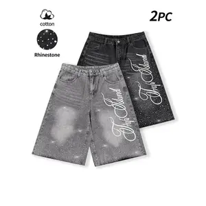 Streetwear Grey Embroidered Jeans: vintage-style, distressed, diamond-studded, embroidered casual jeans two-piece set, including cropped jeans, letter-embroidered casual jeans, American street style, fashionable daily wear denim Embroidery