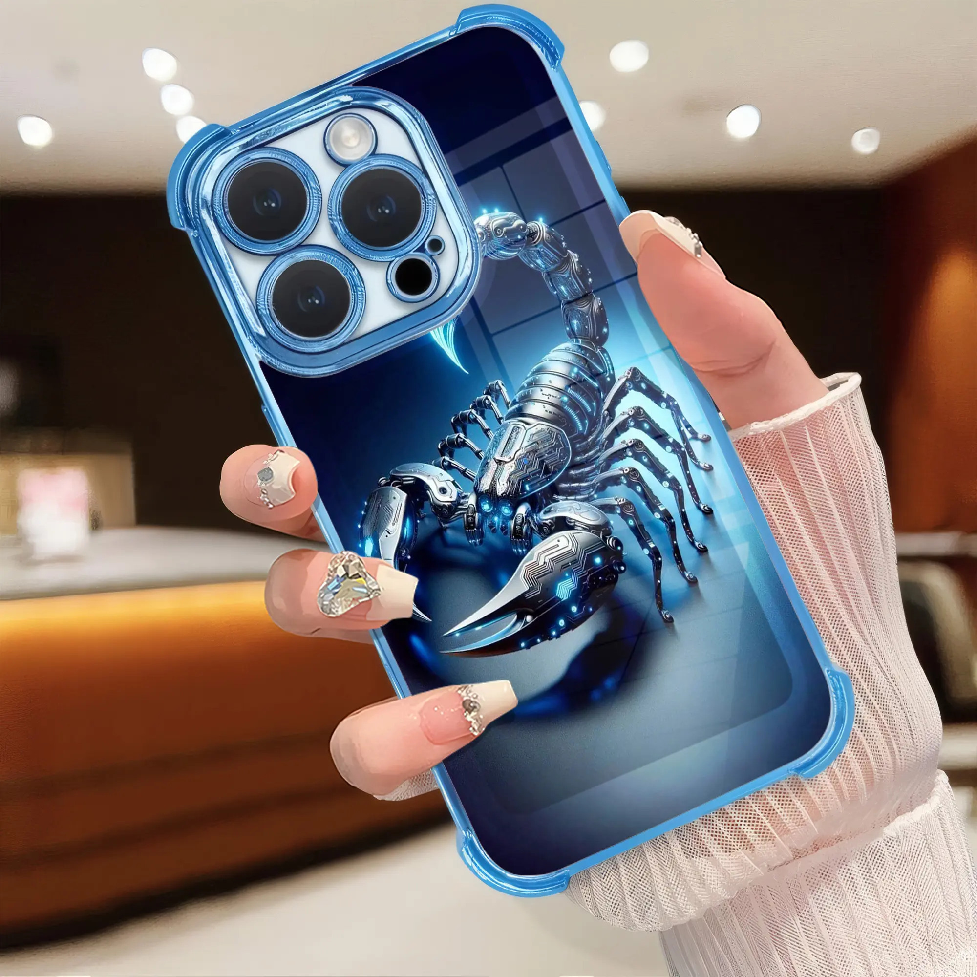 Cyberpunk Smartphone Case, 2D Printed Faux 3D Cyber Mechanical Scorpion Neon Blue Glow Graphic Silicone Shell, Reinforced 4-Corner Shockproof Soft Casing, Mobile Phone Accessories for iPhone 17 16 15 14 13 12 11 X XS Max Plus Pro Pro Max, Handheld, Cellph