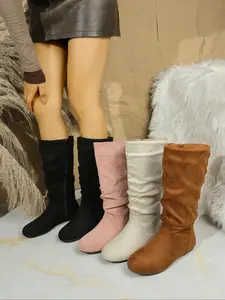 Women's Mid-Calf Boots Fall Winter New Side Zipper Ruched Pile Sole Velvet Western Boots, Elegant Boots, Stylish and Comfortable Fashion Footwear Winter Warm Boots