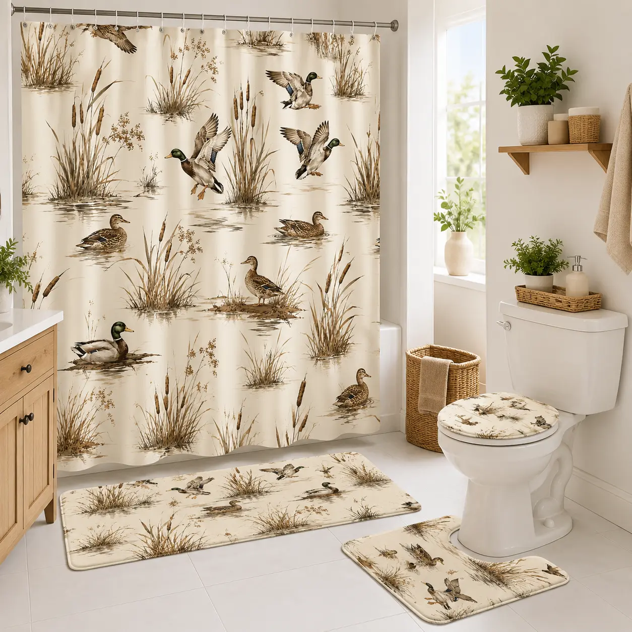 1/4pcs Mallard Duck Bathroom Set - Shower Curtain Sets, Floor & Edge Bath Mats, Toilet Lid Cover with Wetland Reeds & Grasses, Rustic Outdoor Theme - Perfect for Spring Easter Decor, Nature-Lover Home Bathroom Gift