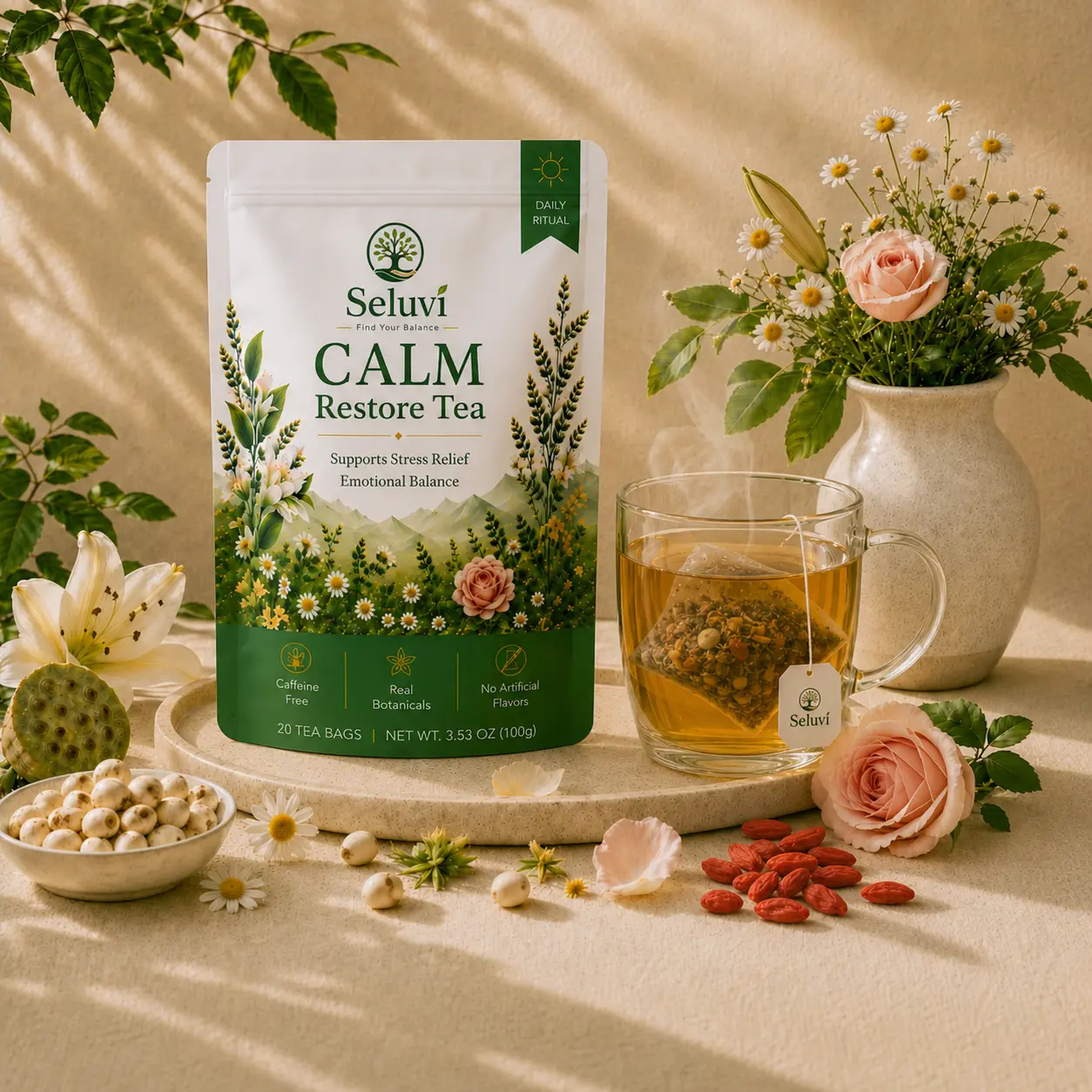 Seluvi Calm Restore Caffeine-Free Herbal Tea Beverage - Herbal Blend, Soft Floral, Stress Relief, Mood Support, Chamomile, Lotus Seed, Rose, Osmanthus, Daytime Mind Relaxation, 20 Tea Bags