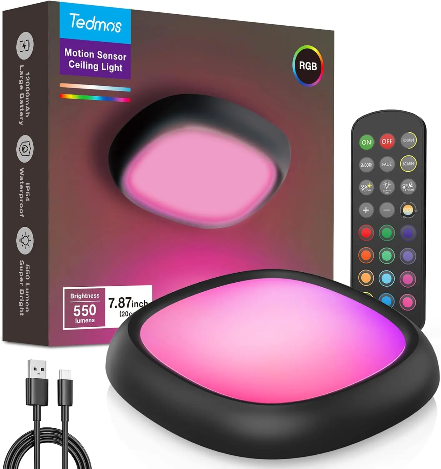 Motion Sensor Rechargeable Ceiling Light with Remote And Timer, 550LM 12000mAh Wireless Shower Lights for Inside Shower Battery Operated RGB Black Closet Light Sensored Cordless LED Overhead Lighting No Wiring for Garage Hallway Pantry Kitchen Cabinets
