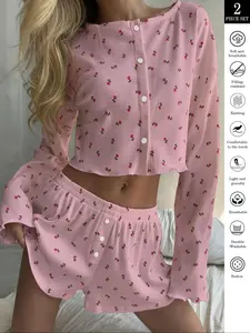 Women's Coquette Rose Print Lounge Set - Pink & White Options | Ribbed Knit Cropped Cardigan & Elastic Waist Shorts | Romantic Valentine's Day Gift for Her, Soft Stretch Loungewear Perfect for Cozy Evenings or Casual Outings.