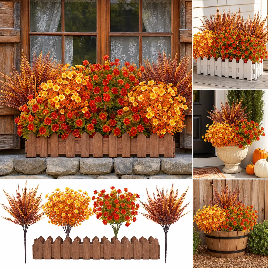20 Bundles Artificial Fall Flowers Outdoors - UV Resistant Fake Mums & Faux Autumn Plants Set for Front Porch, Garden, Patio, Home Decor, Thanksgiving & Halloween