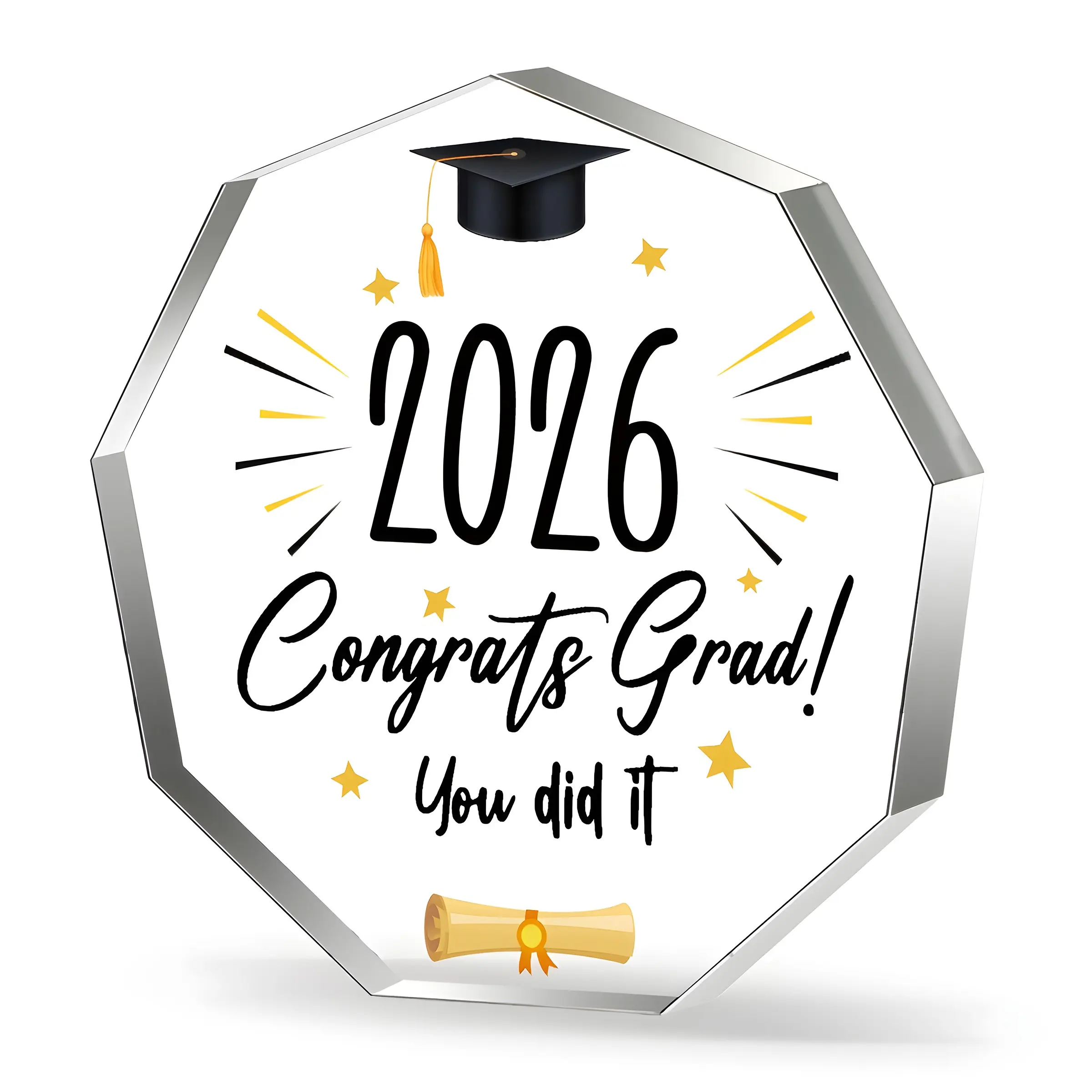 Acrylic Graduate Plaque, Metal Edge, '2026 Congrats Grad!', Bachelor Hat, Scroll, Stars, Desktop Decor, Academic Celebration, Perfect Gift for Graduates