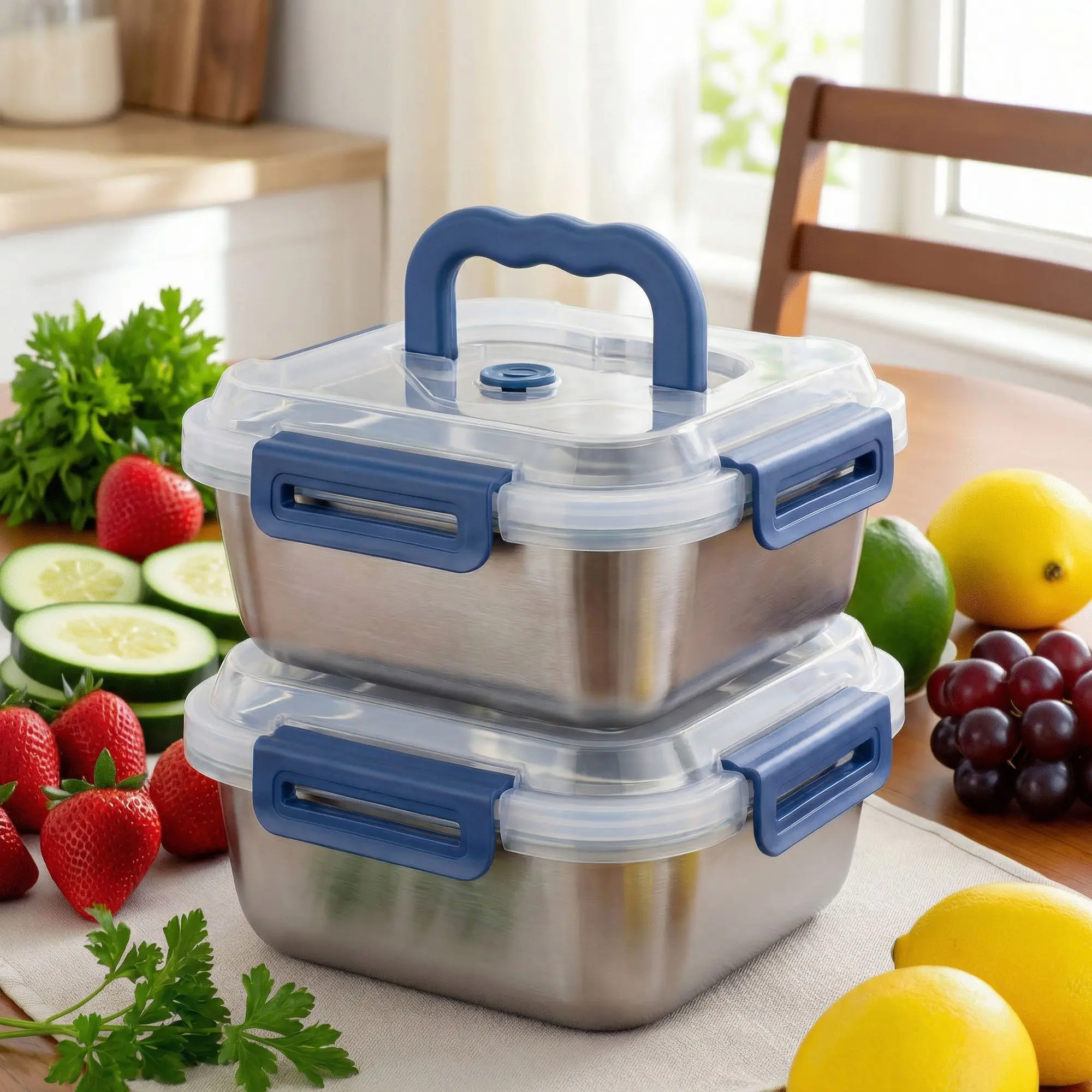 Yakimoto 2/4/6/8/10 PCS Extra-Large Stainless Steel Food Storage Containers With Blue Lids - Deep Design, Airtight Seal, Perfect For Refrigerator Organization, Meal Prep, Lunch Boxes & Kitchen Pantry