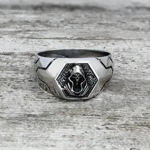 GTHIC Grim Reaper Skull Stainless Steel Men’s Ring Dark Jewelry For Biker Rider Daily Wear Gift