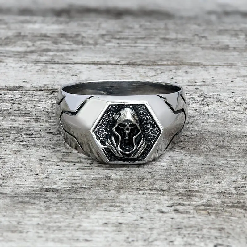 GTHIC Grim Reaper Skull Stainless Steel Men’s Ring Dark Jewelry For Biker Rider Daily Wear Gift