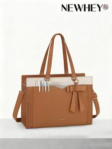 Women's 15.6 Inch Laptop Bag, Professional Work Tote with Detachable Strap & Bow, Includes Cup Holder, Stylish and Functional