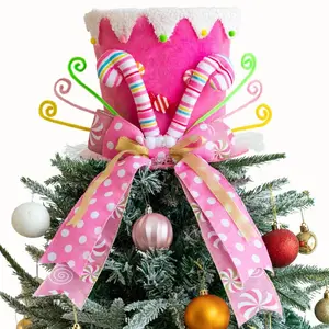 Christmas Tree Top Star with Retractable Spring Strap and Bow, Candy Cane Pattern, Gold Accents, Durable Polyester Material, Party Decoration Supplies