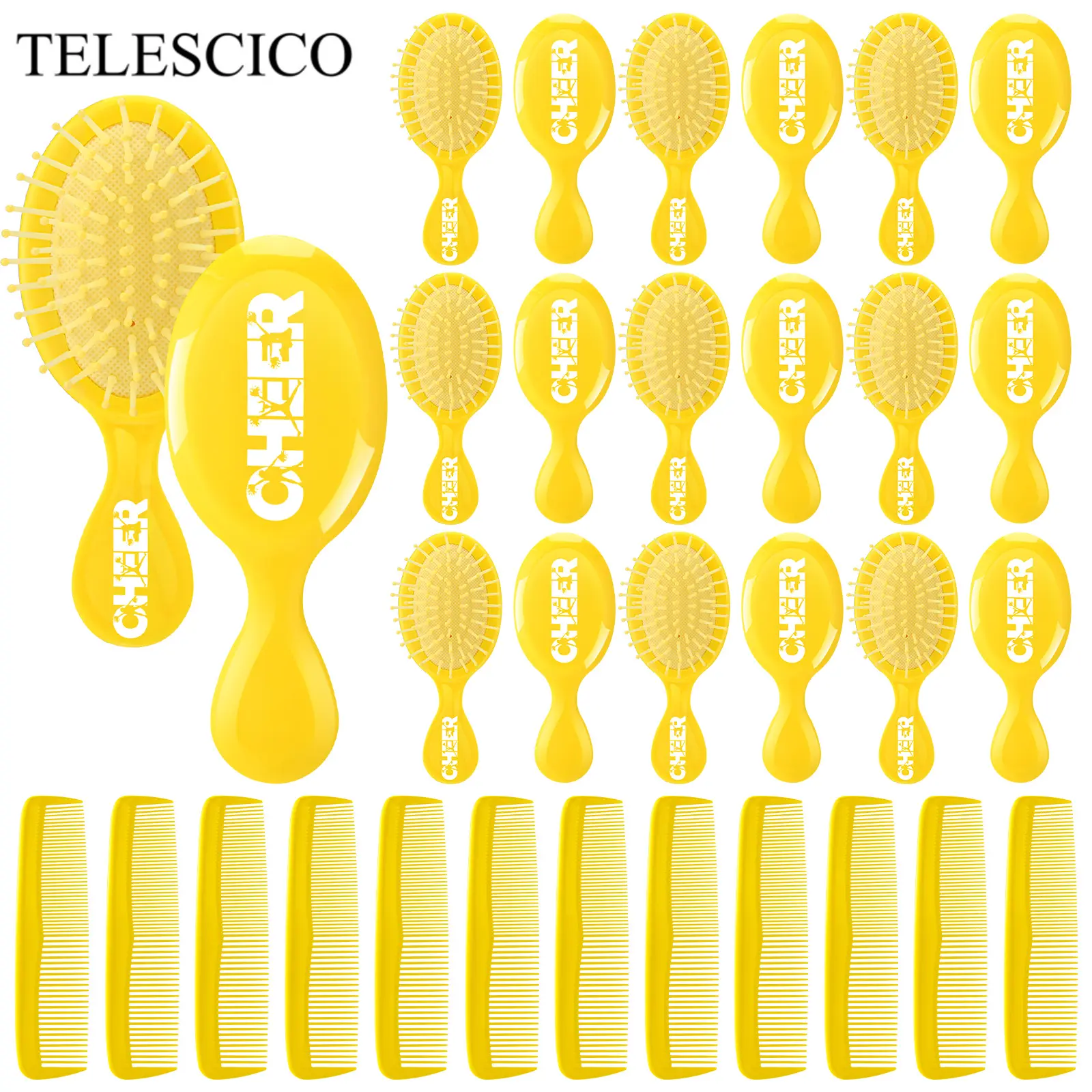 TELESCICO 24 Pcs Cheer Gifts Bulk, Cheer Hair Brush Comb Set for Women Team Gift 12 Mini Hair Brush 12 Fine Wide Combs Wet Dry for Camp End of Season Sport Cheerleader Goodie Bag Stuffers(Yellow)