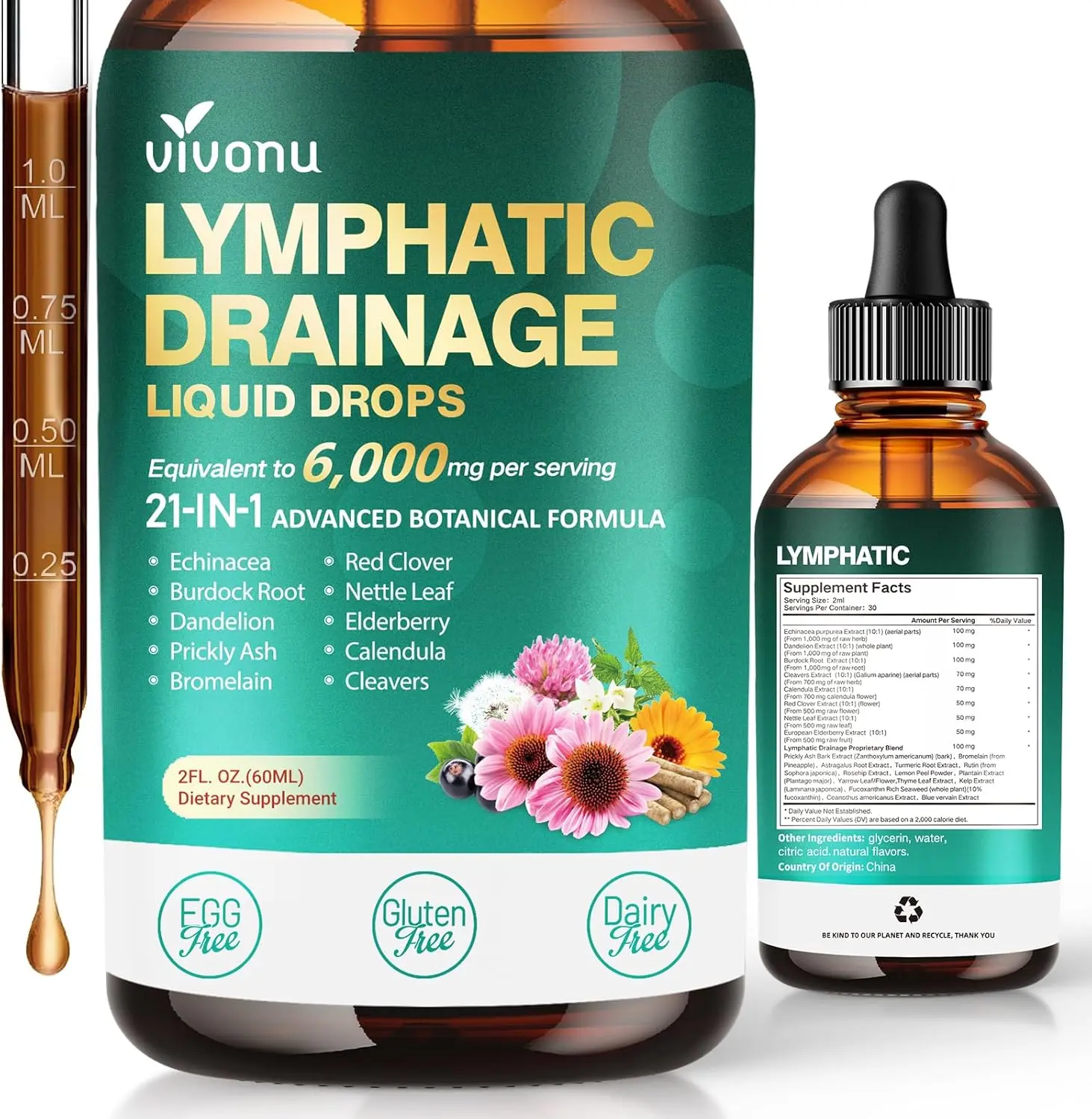 21-in-1 Lymphatic Drainage Drops for Immune and Lymph System Support Liquid Supplement for Women and Men with Echinacea Dandelion Burdock Bromelain Calendula and Turmeric for Detox and Swelling Relief Natural Herbal Wellness Formula