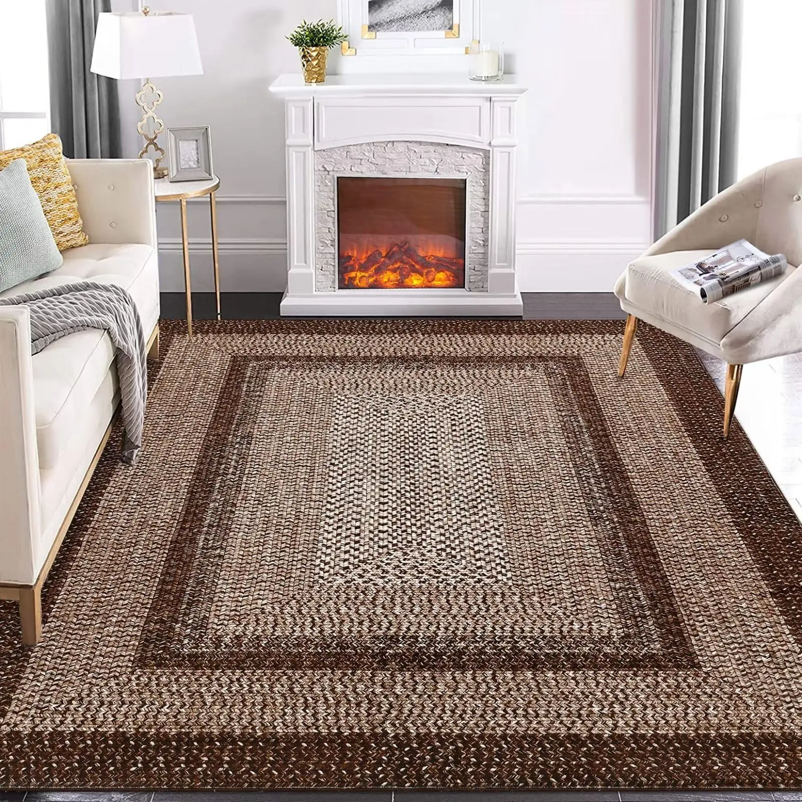 Brown 5x7 Braided Area Rug with Non-Slip Backing, Modern Accent Carpet for Bedroom, Living Room, Dining Room & Hallway, Foldable Low Pile Throw Rug
